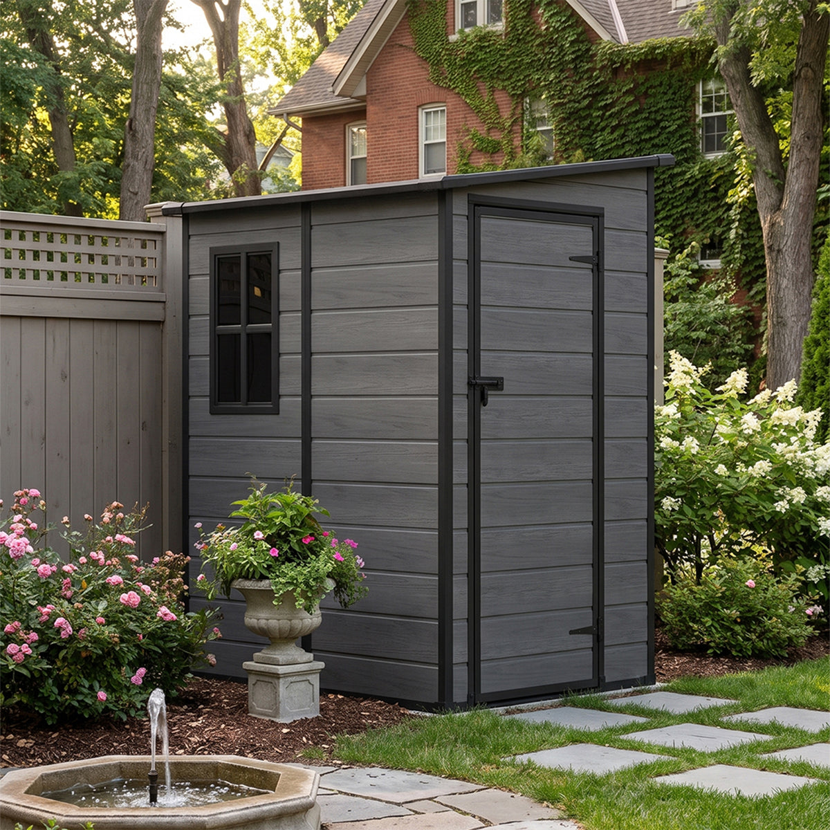 4 x 5 ft Plastic Garden Storage Shed with Pent Roof & Lockable Door