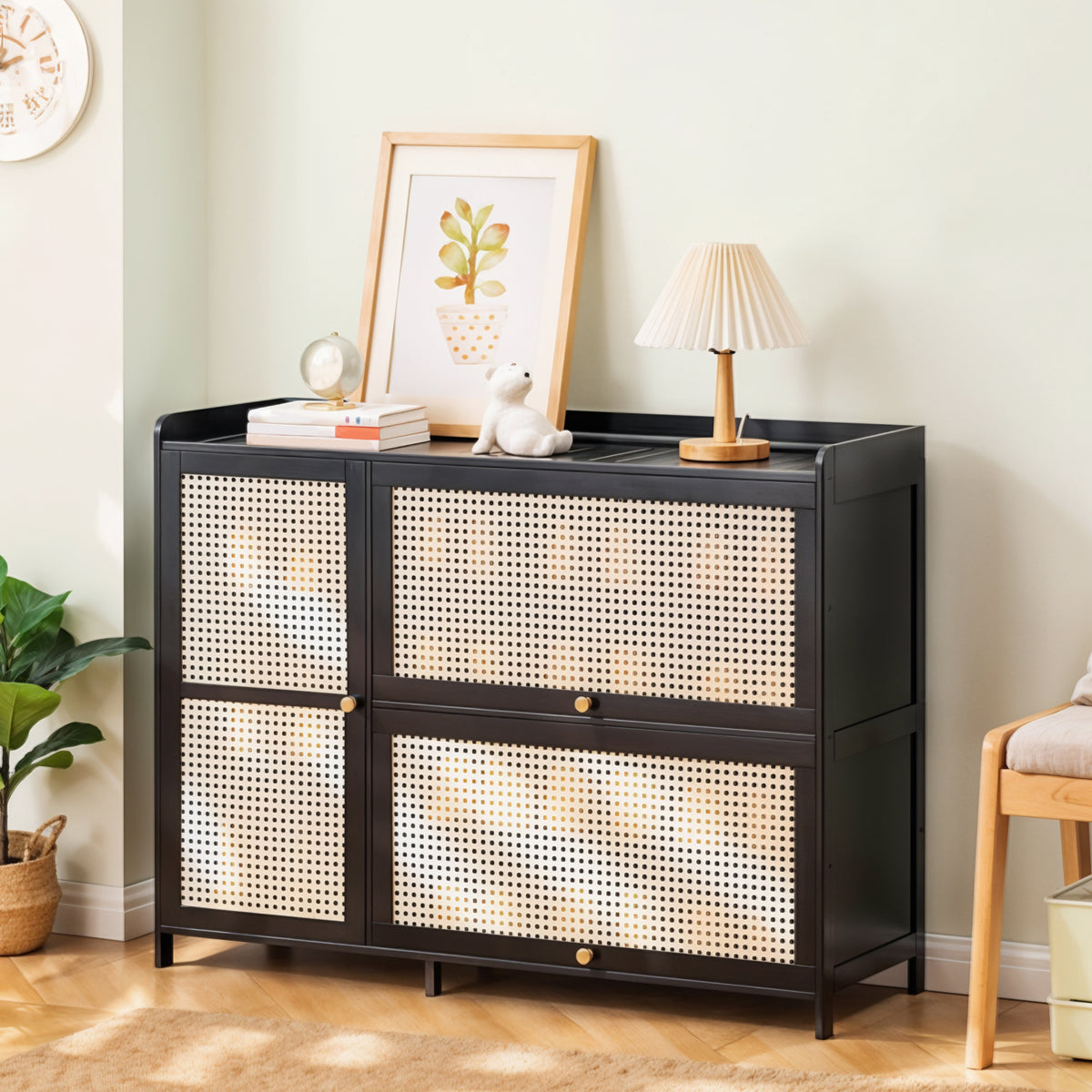 3-Door Rattan-Style Shoe Cabinet with Flip-Down Storage