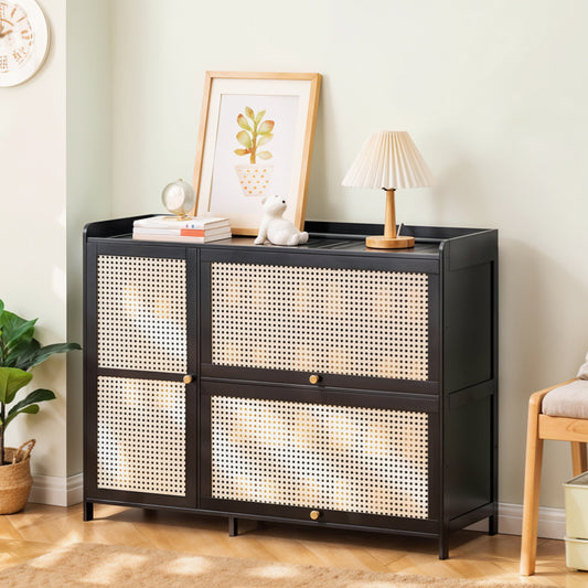 3-Door Rattan-Style Shoe Cabinet with Flip-Down Storage