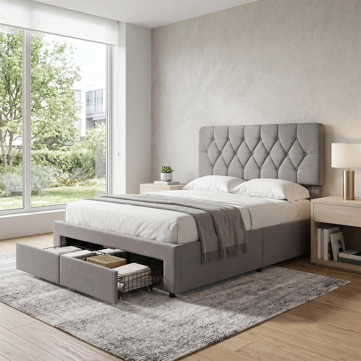Double Upholstered Bed Frame with 2 Drawers