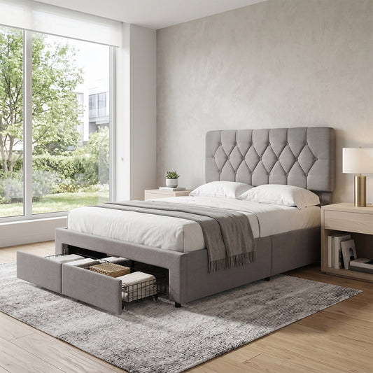 Double Upholstered Bed Frame with 2 Drawers