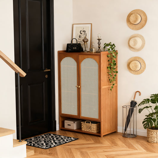 95CM H Modern Shoe Storage Cabinet with Rattan-Effect 2 Doors