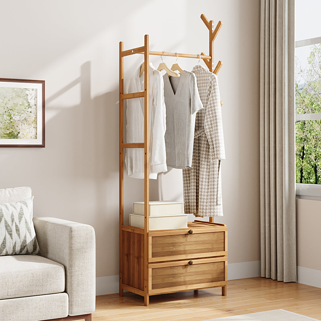 Multi-functional Wooden Coat Rack with Storage Cabinets