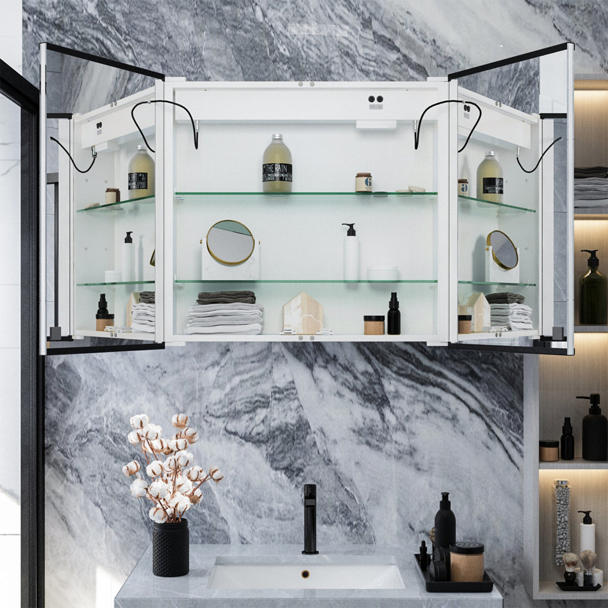 Wall-Mounted Bathroom LED Mirror Cabinet with Adjustable Shelves
