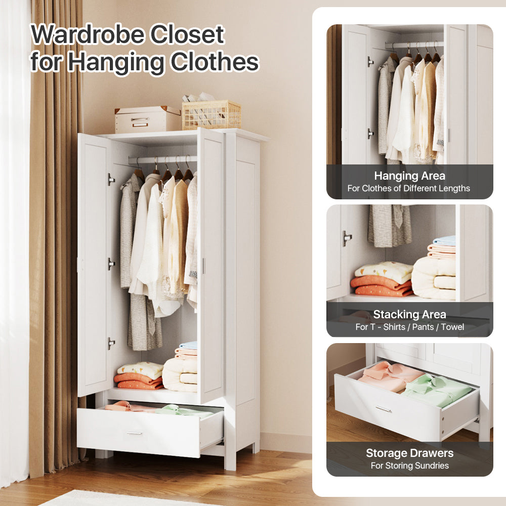 Modern Double-Door Wardrobe with Drawer & Hanging Rail