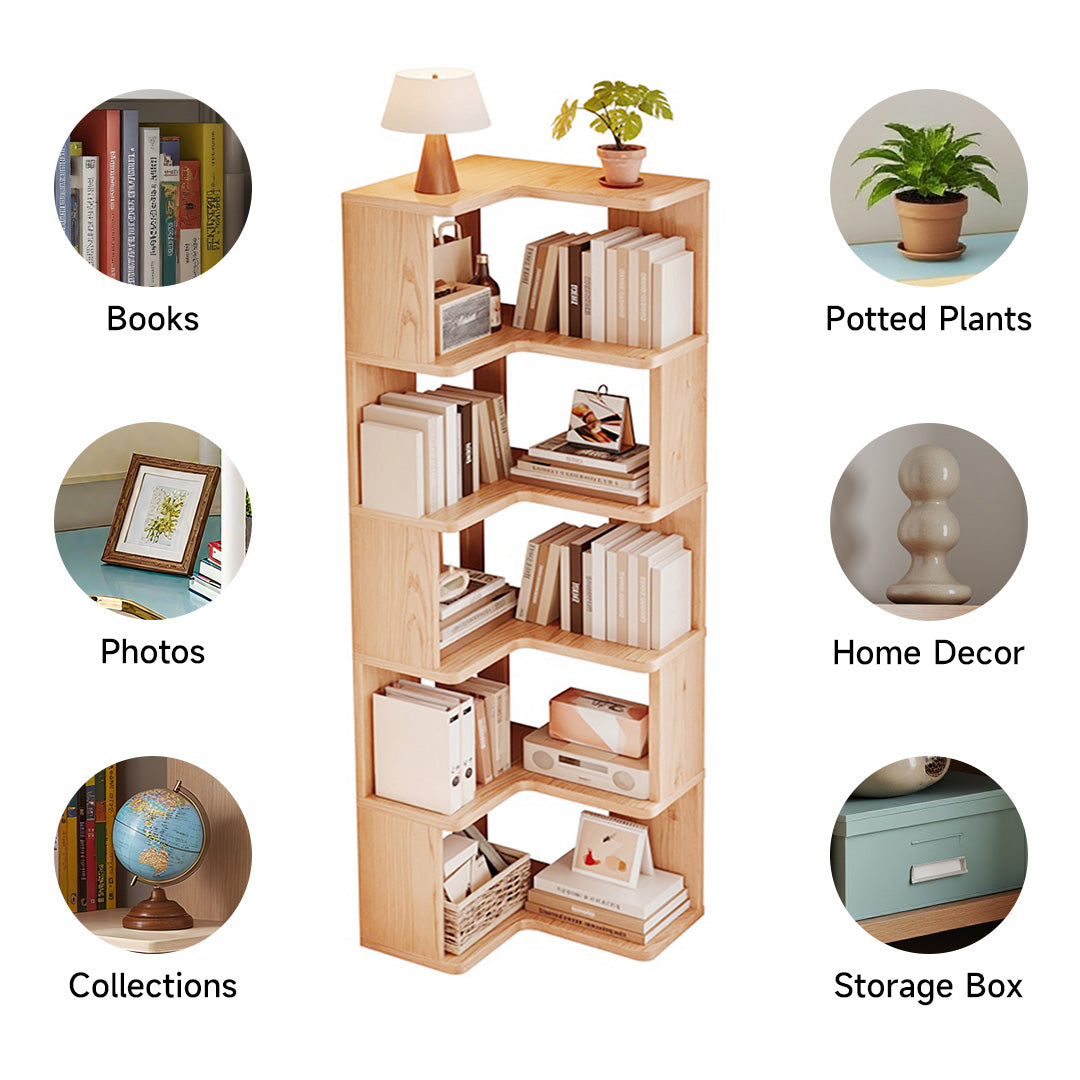 Wooden L-shaped Corner Bookshelf Storage Rack