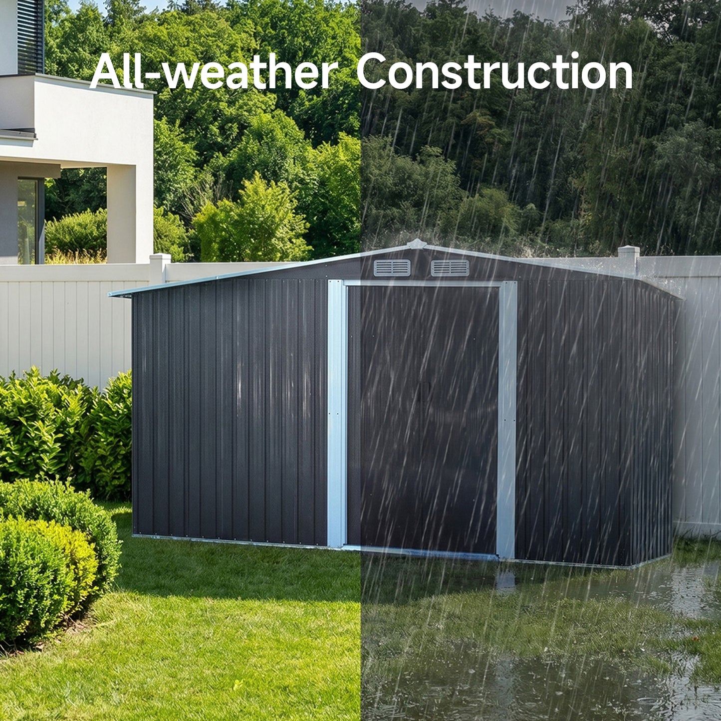 8x4ft Metal Garden Storage Shed with Log Store Apex Roof Sliding Doors