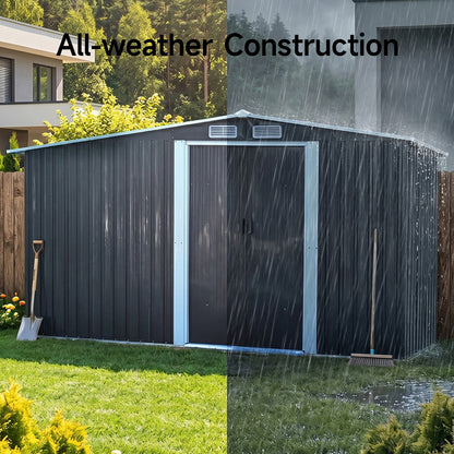 Metal Garden Storage Shed with Apex Roof & Integrated Log Store