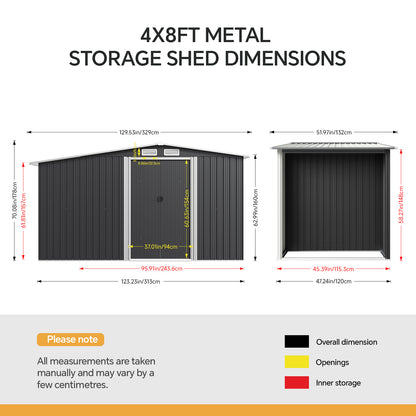 8x4ft Metal Garden Storage Shed with Log Store Apex Roof Sliding Doors