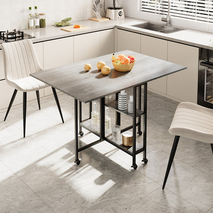 Folding Dining Table with Wheels and Storage Shelves