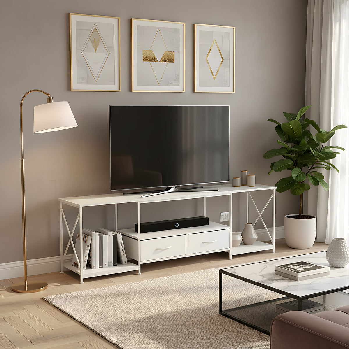 160cm White TV Stand with 2 Fabric Drawers & Open Shelves