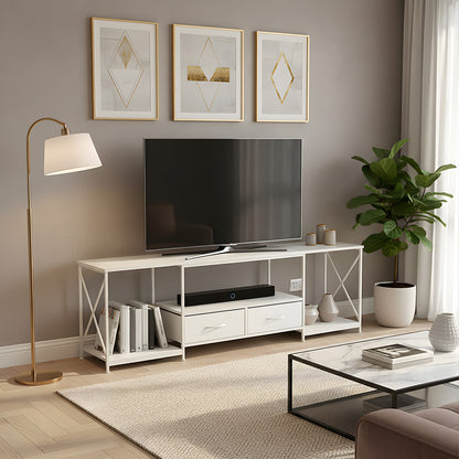 160cm White TV Stand with 2 Fabric Drawers & Open Shelves