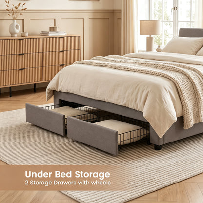 Double Upholstered Bed Frame with 2 Drawers
