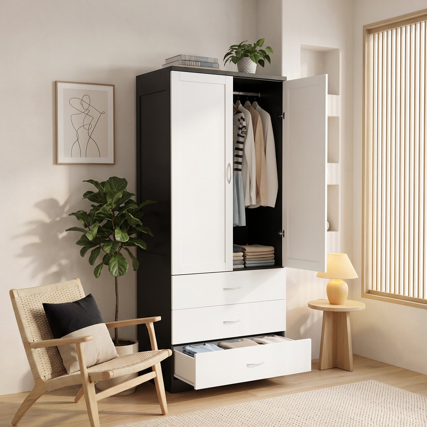 2-Door Wardrobe with 3 Drawers & Hanging Rail