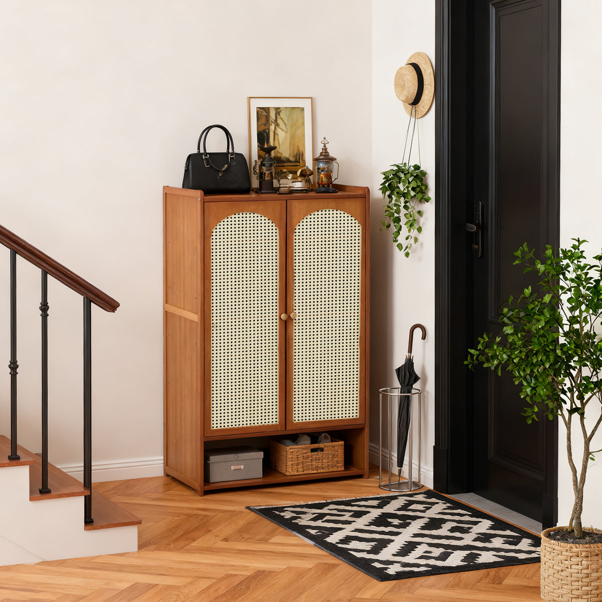 111CM H Modern Shoe Storage Cabinet with Rattan-Effect Doors