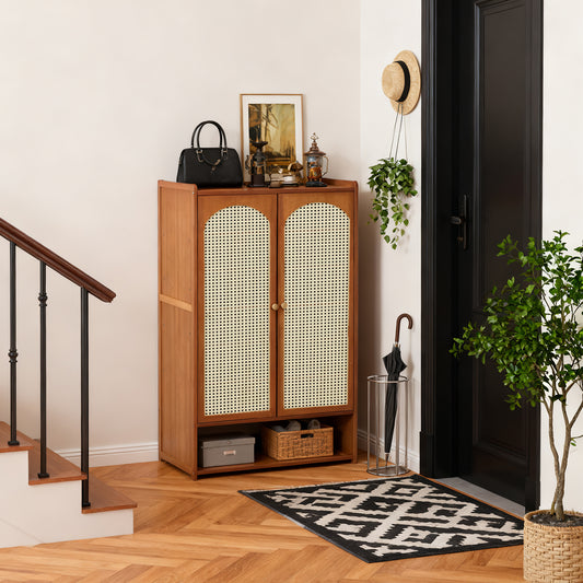 111CM H Modern Shoe Storage Cabinet with Rattan-Effect Doors