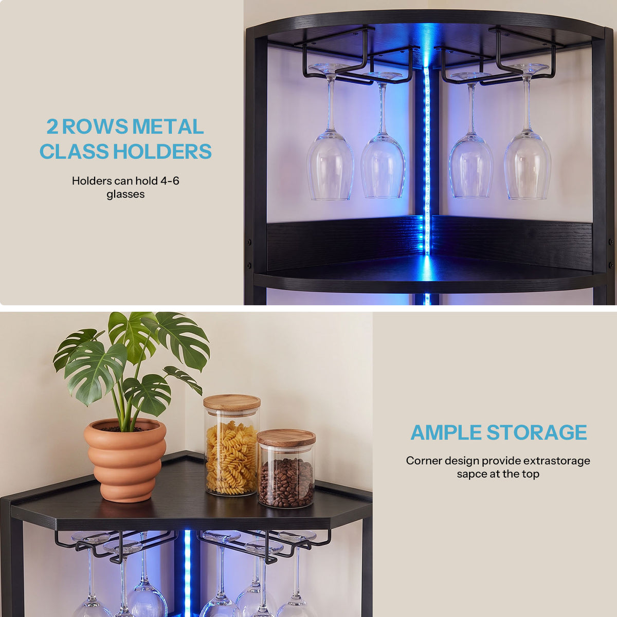 Industrial Tall Corner Bar Cabinet with Power Socket & LED Lighting