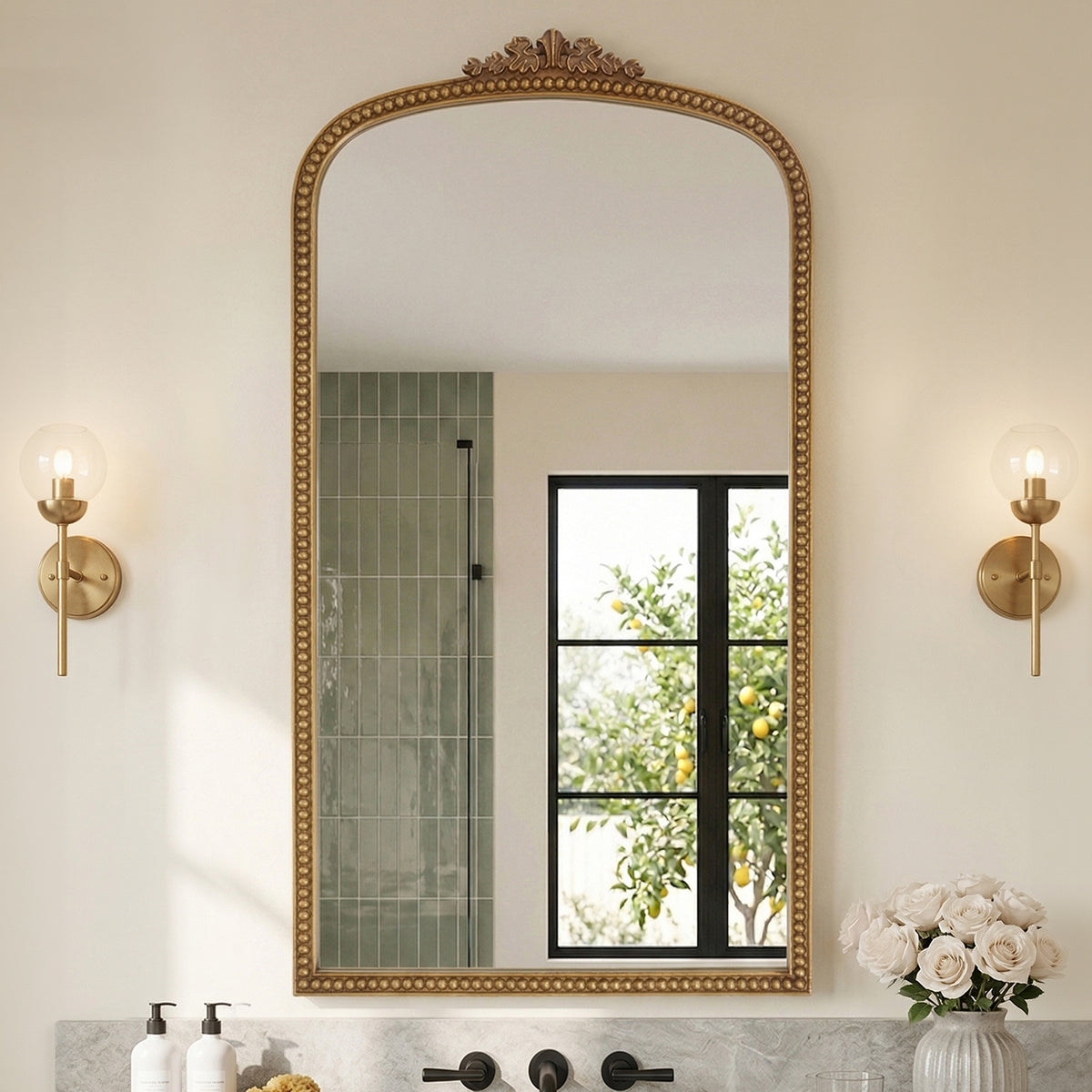 Gold Arched Decorative Vanity Mirror with Carved Frame