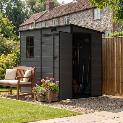 8 x 4 ft Plastic Garden Storage Shed with Pent Roof, Double Doors & Side Door