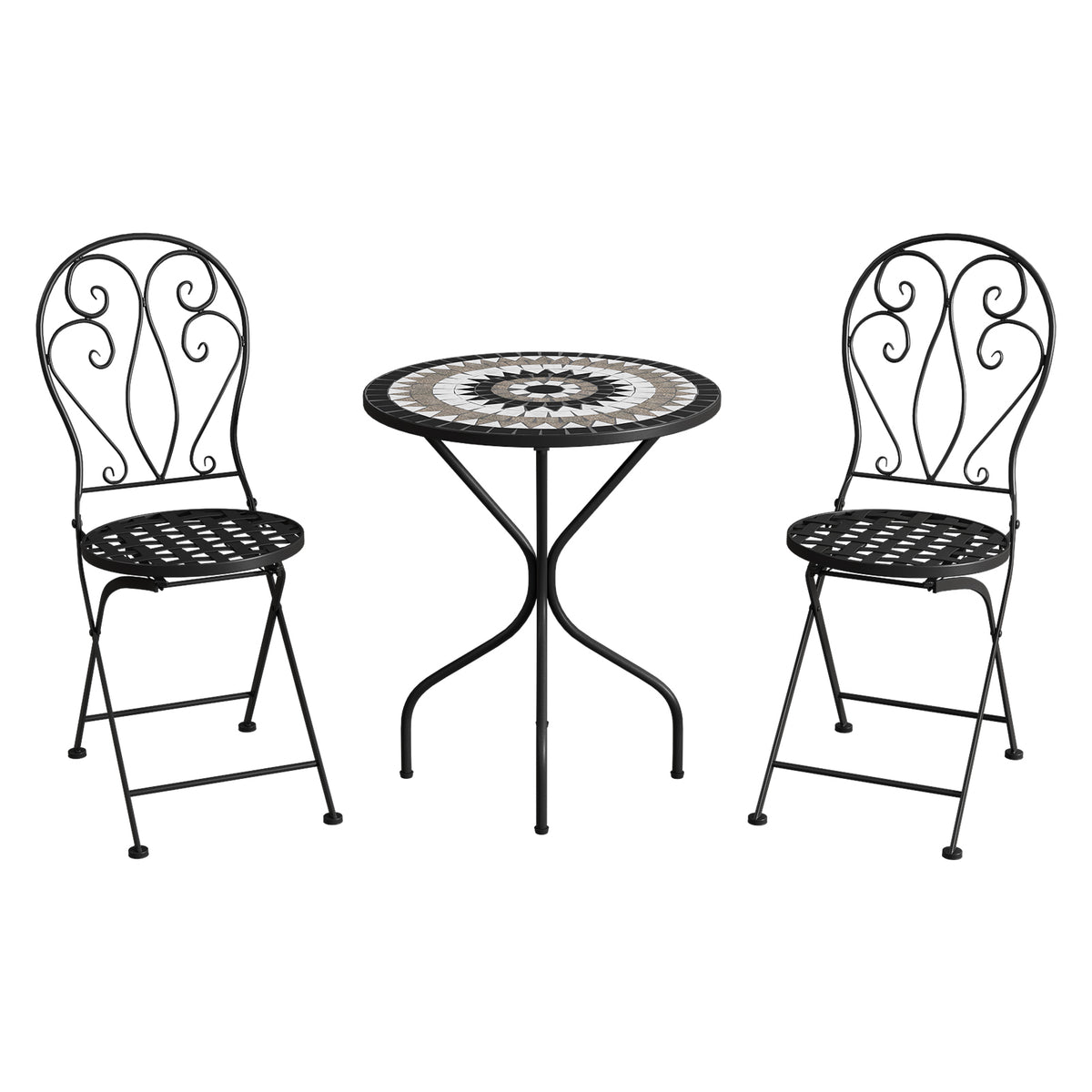 3 Piece Black Aluminium Garden Bistro Set with Mosaic Table Top