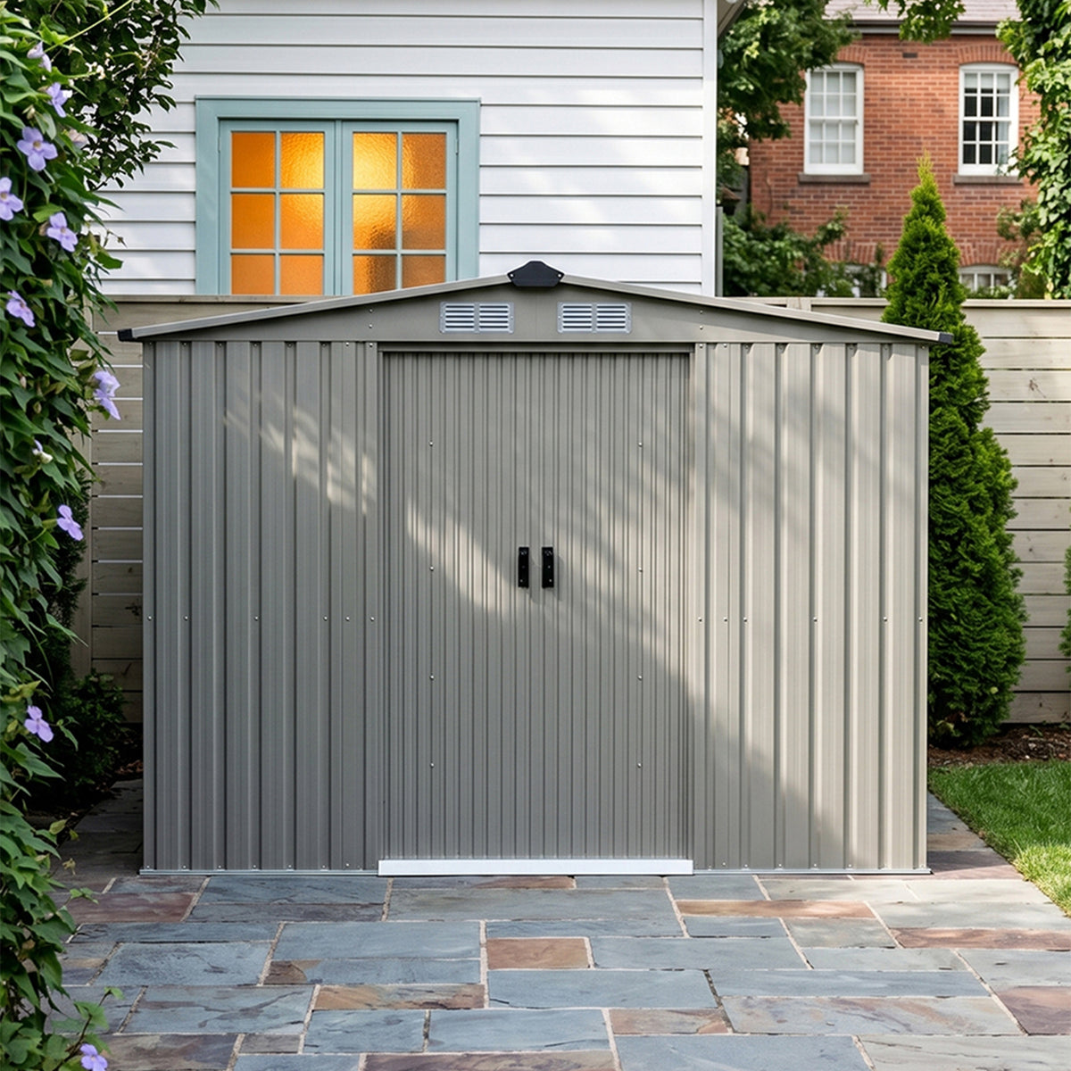 8 x 8 ft Metal Garden Storage Shed with Apex Roof & Sliding Door