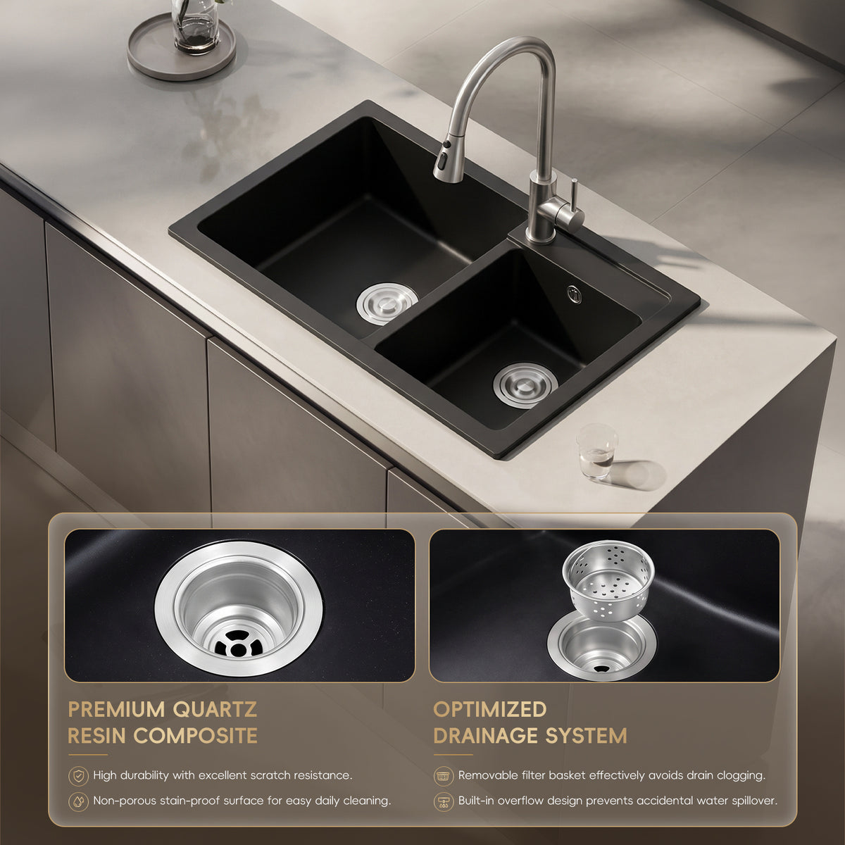 Modern Quartz Resin Composite Kitchen Sink with Waste Kit