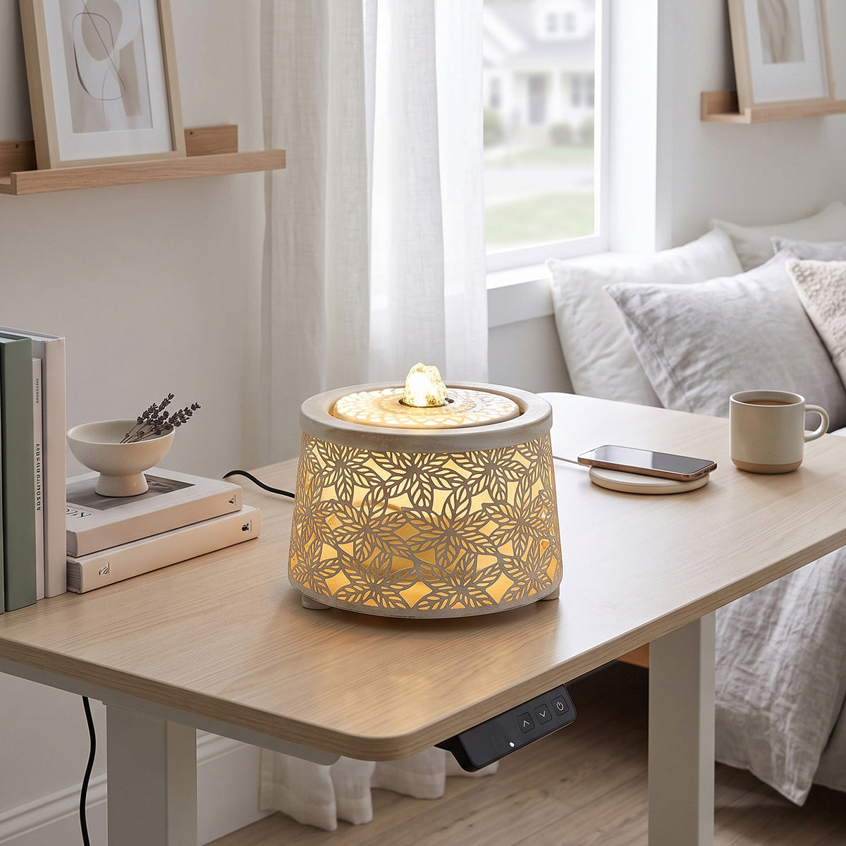 Creative Metal Tabletop Fountain with Warm Light & Leaf Design