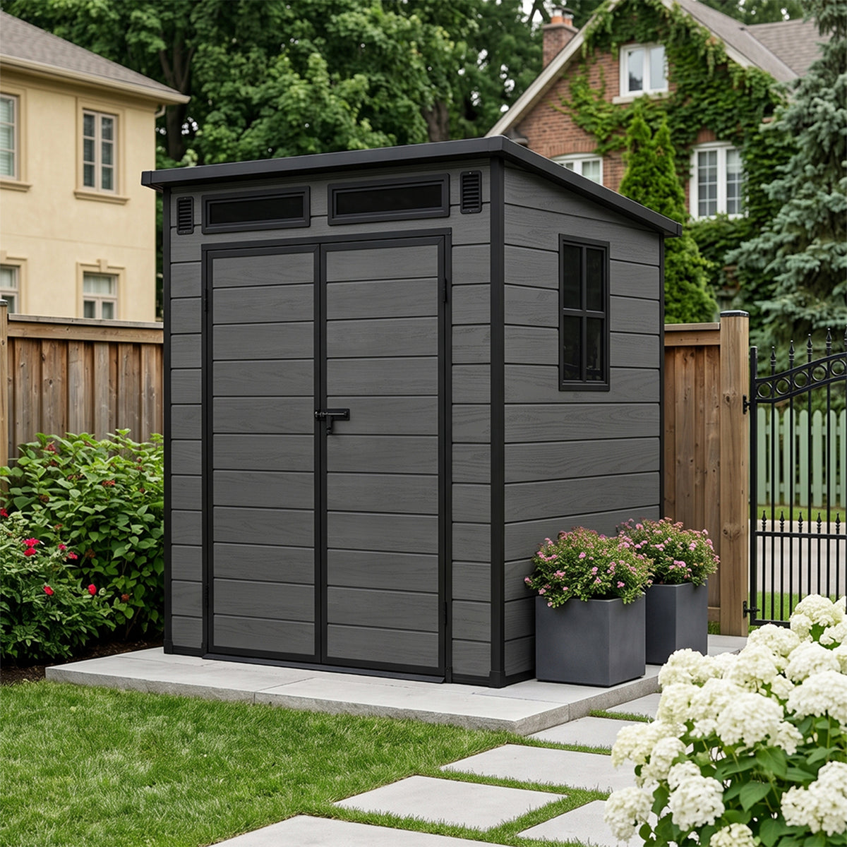 6 x 4 ft Plastic Garden Storage Shed with Pent Roof & Lockable Double Doors