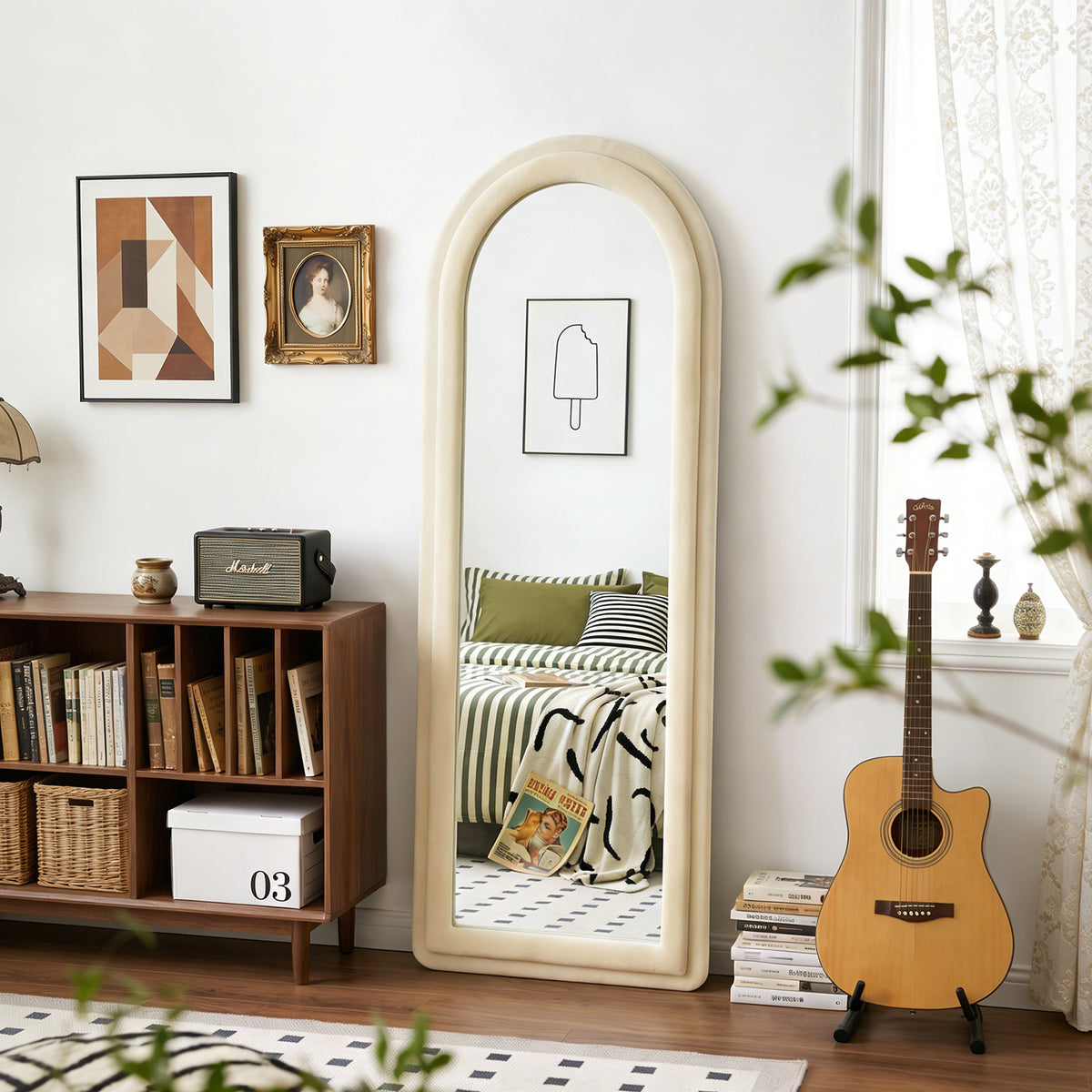 Double Arched Full-Length Mirror with Safety Film & Velvet-Wrapped MDF Frame
