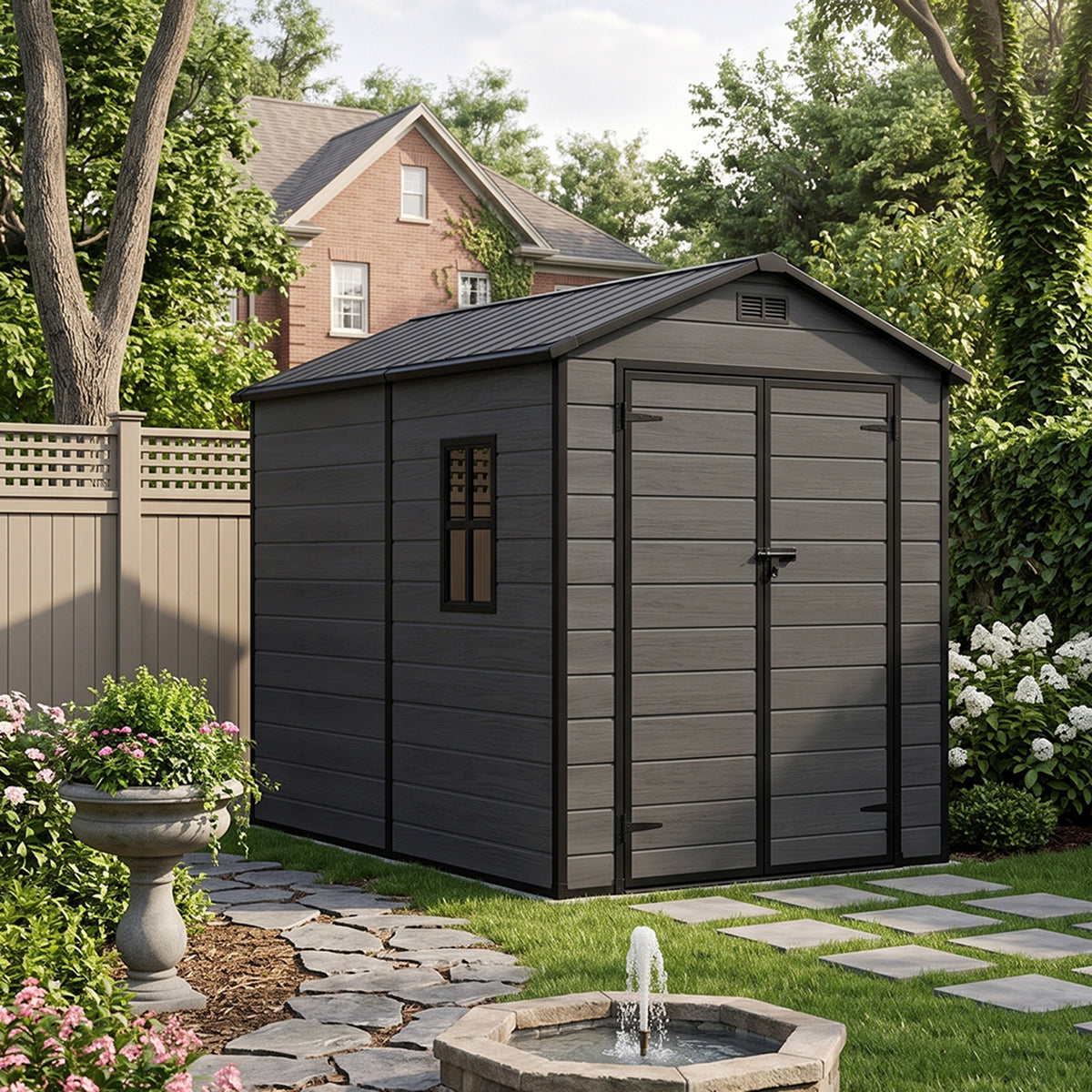6 x 8 ft Plastic Garden Storage Shed with Apex Roof & Double Doors