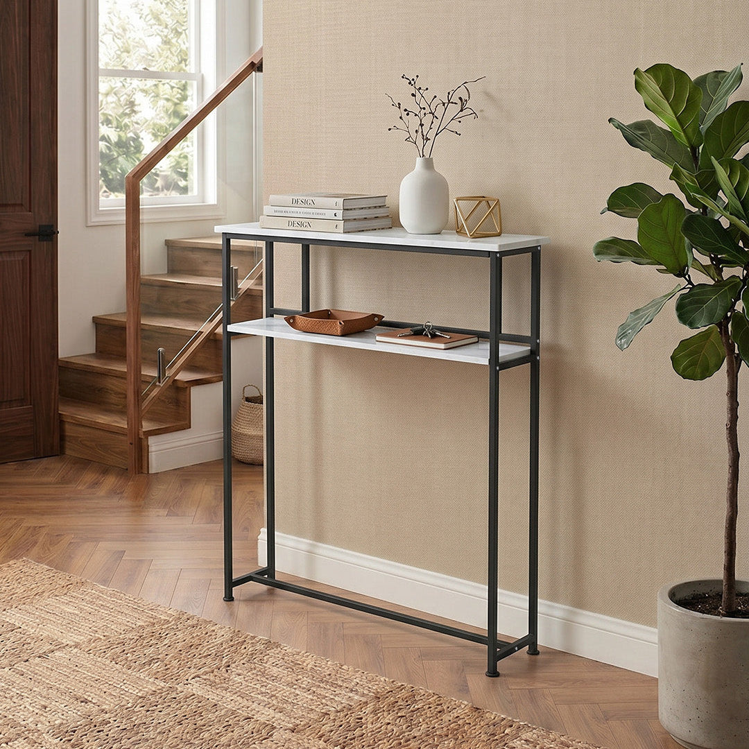 2-Tier Narrow Marble-Effect Console Table