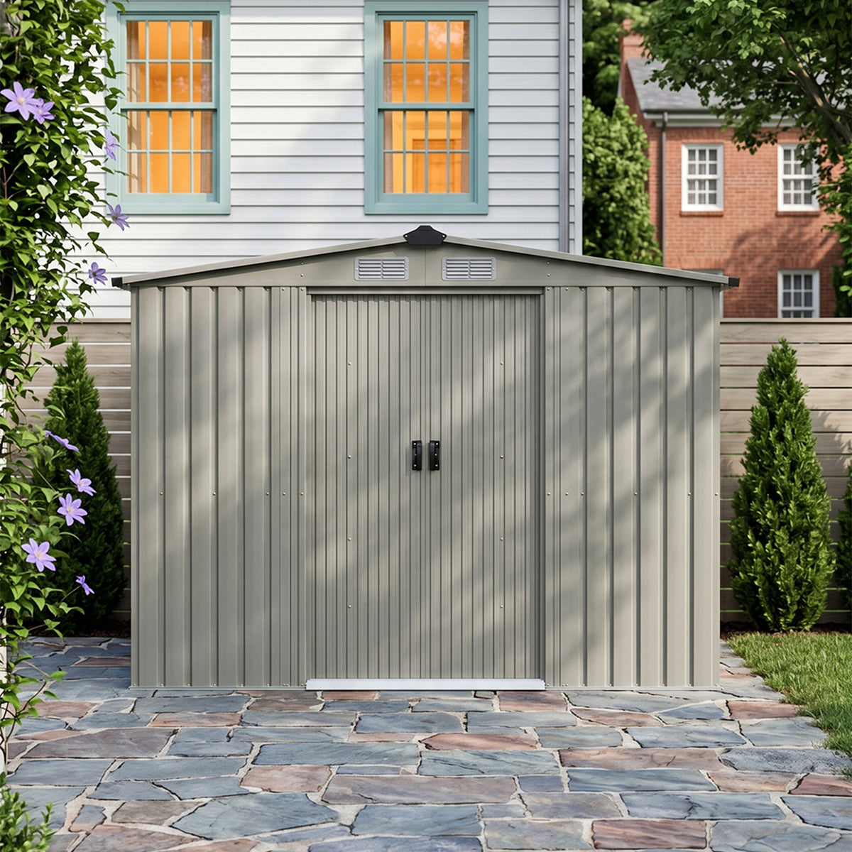 8 x 6 ft Metal Garden Storage Shed with Apex Roof & Double Doors