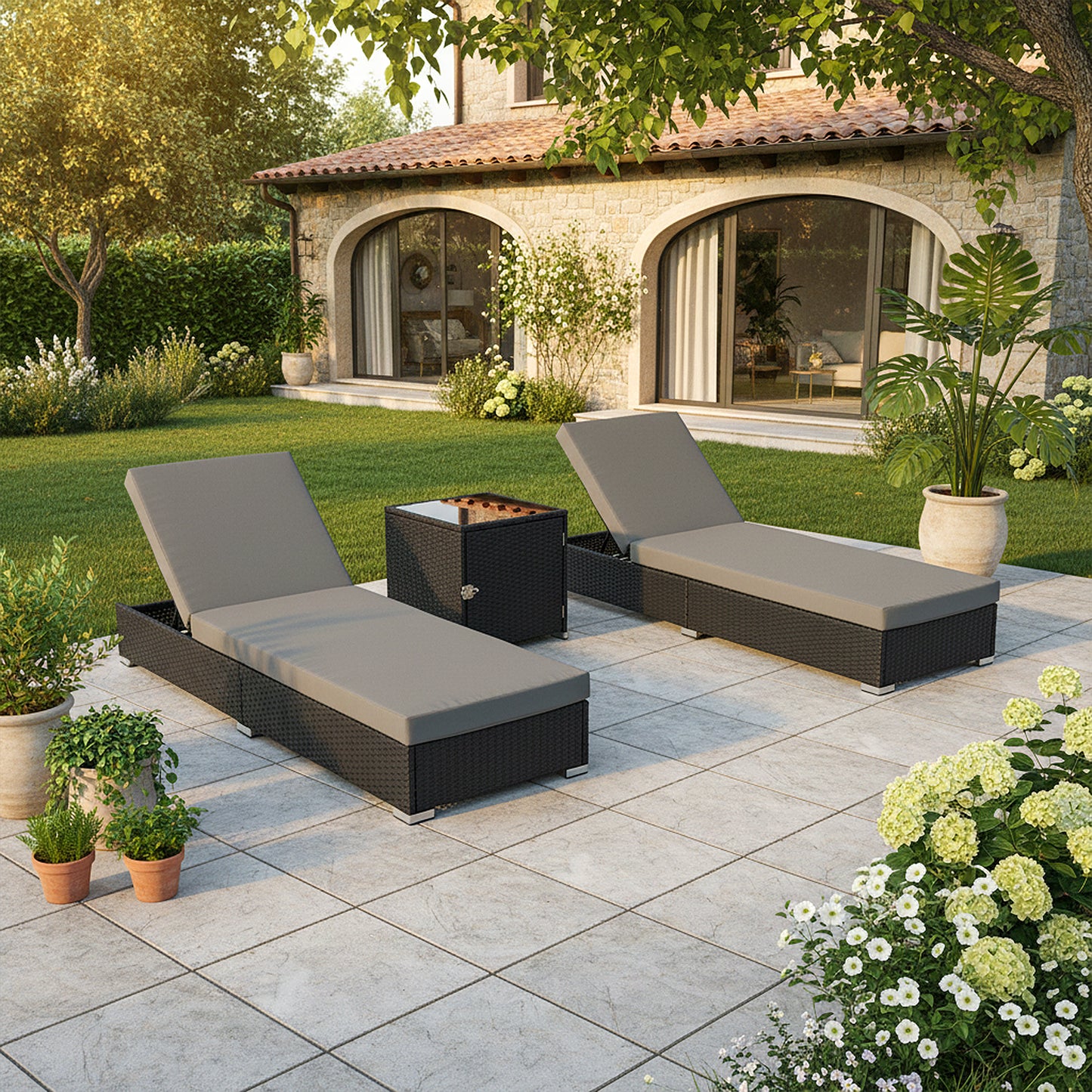 3 Piece Rattan Rattan Sun Lounger with Storage Table