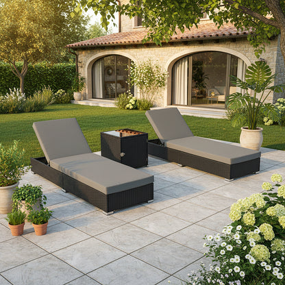 3 Piece Rattan Rattan Sun Lounger with Storage Table