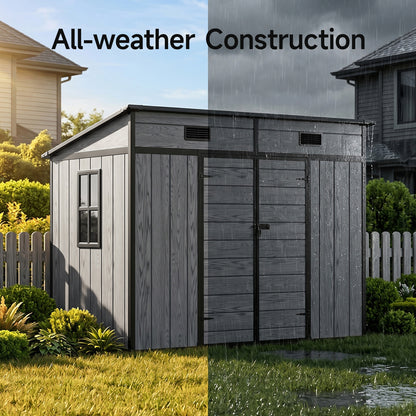 8 x 4 ft Plastic Garden Storage Shed with Pent Roof & Double Doors