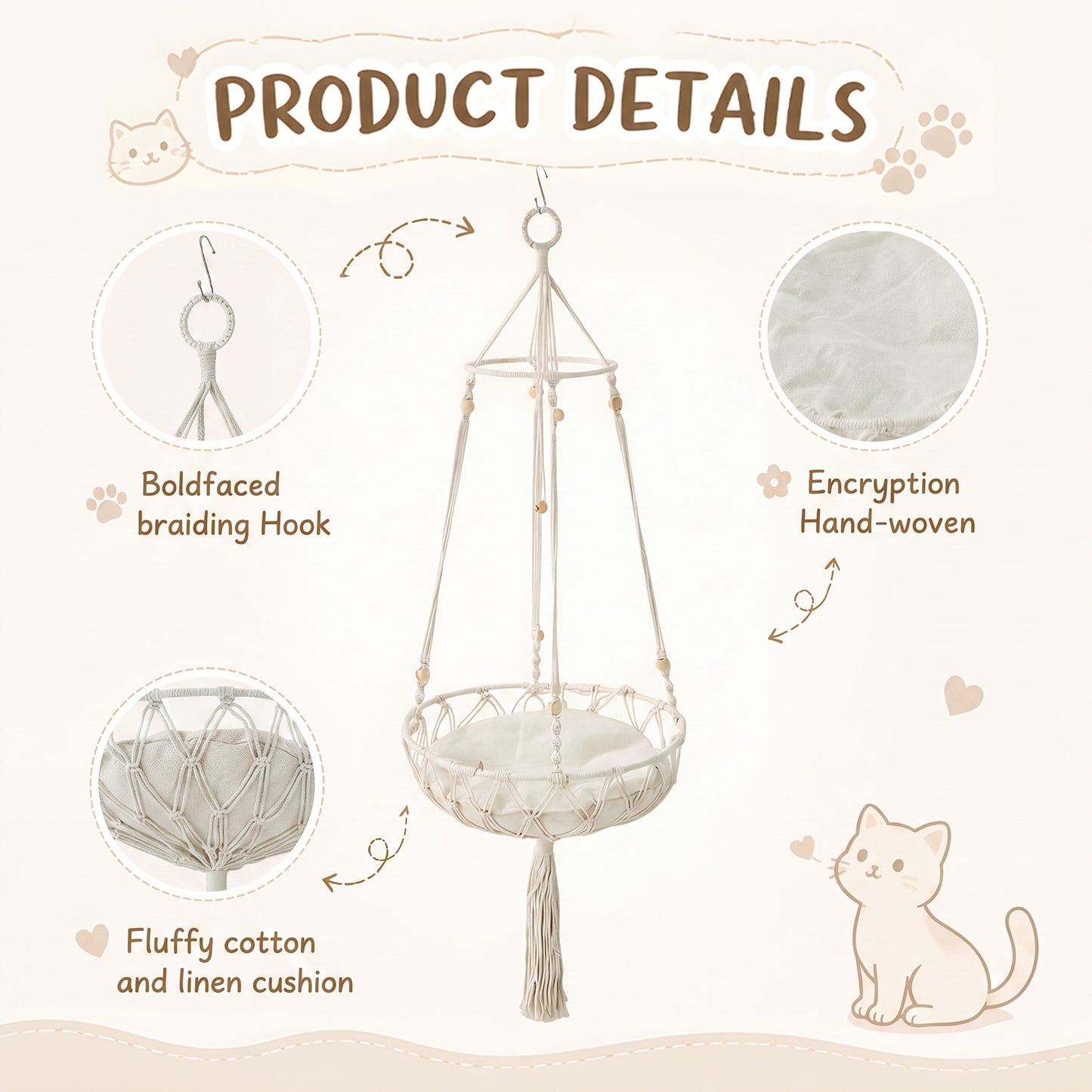 Bohemian Style Handwoven Cat Hammock Cat Bed with Soft Cushion