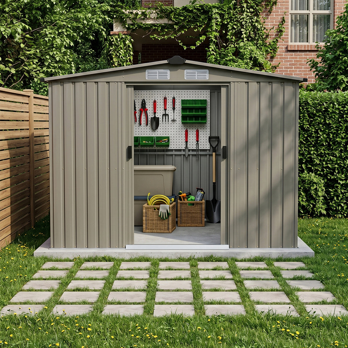 8 x 6 ft Metal Garden Storage Shed with Apex Roof & Double Doors