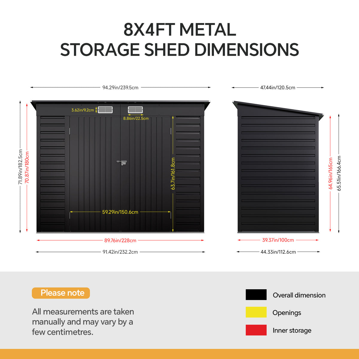 8 x 4 ft Metal Garden Storage Shed with Pent Roof & Lockable Double Doors