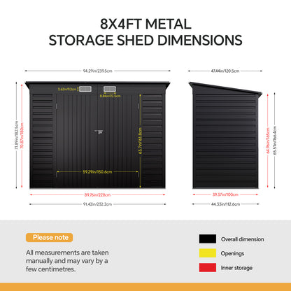 8 x 4 ft Metal Garden Storage Shed with Pent Roof & Lockable Double Doors