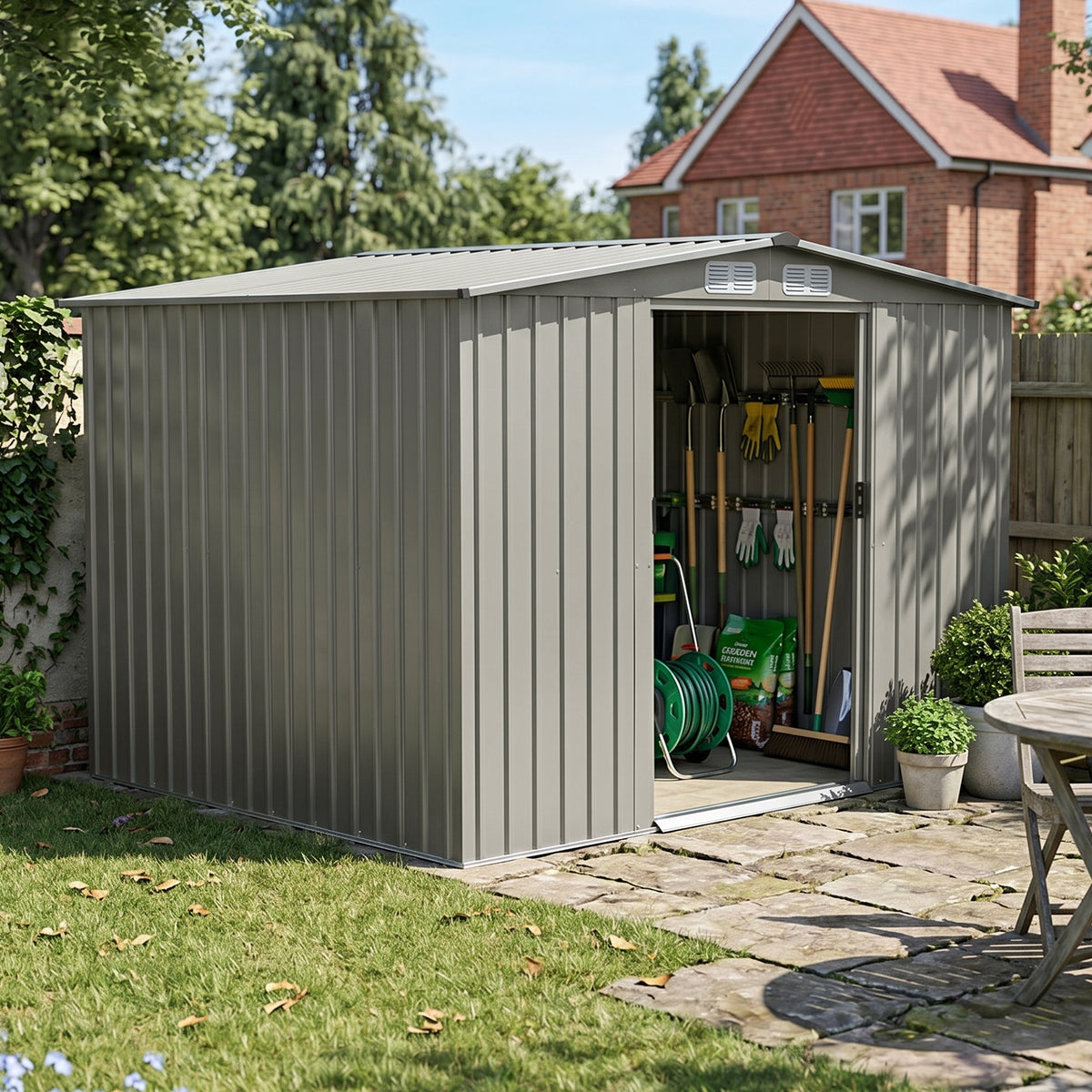 8 x 6 ft Metal Garden Storage Shed with Apex Roof & Double Doors