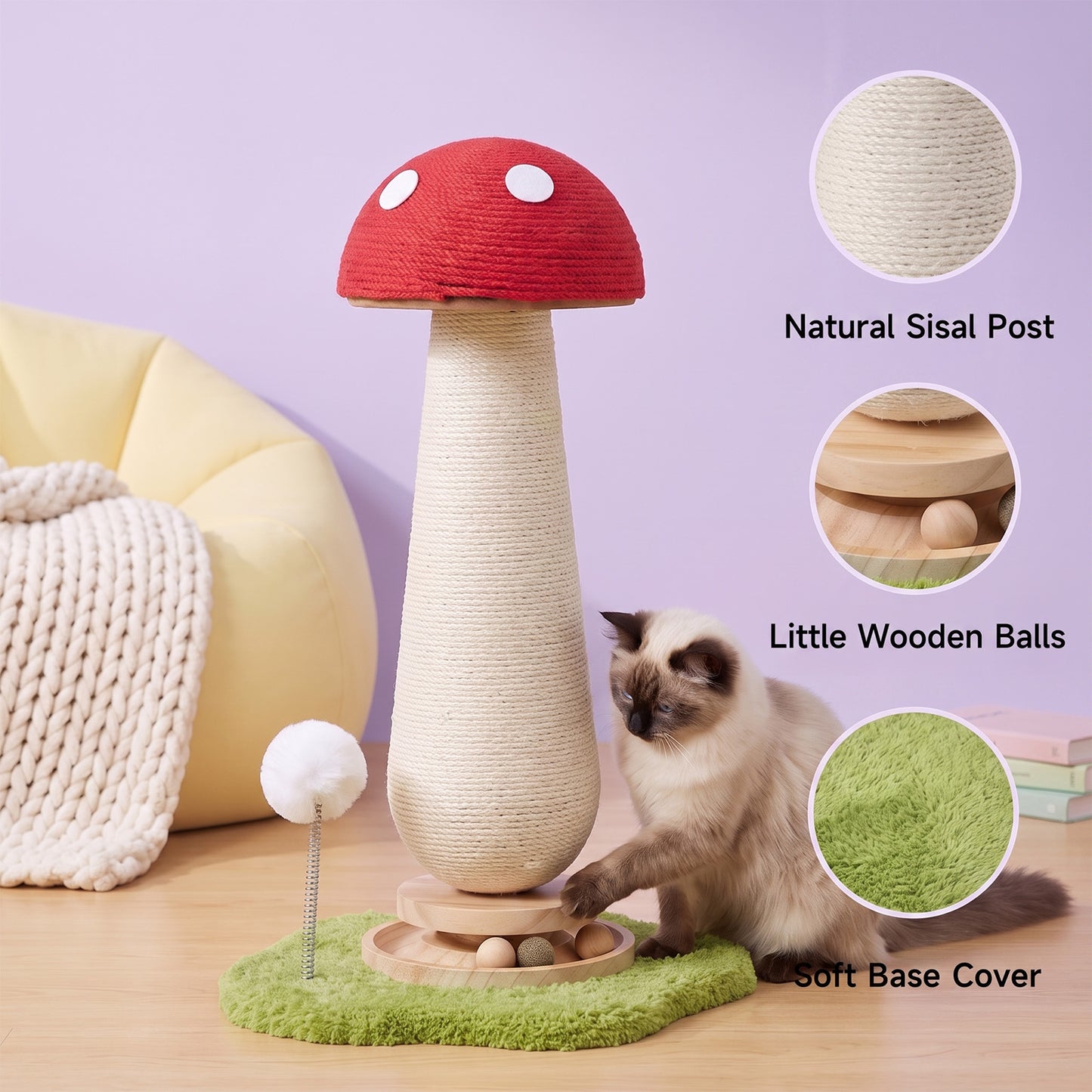 Red Mushroom Cat Scratching Post with Turntable Toy