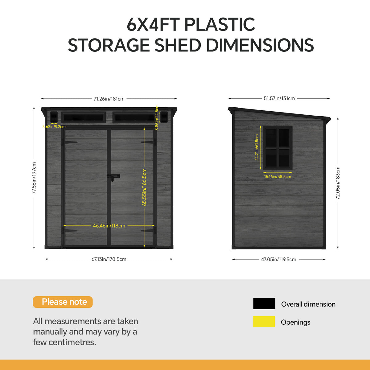6 x 4 ft Plastic Garden Storage Shed with Pent Roof & Lockable Double Doors