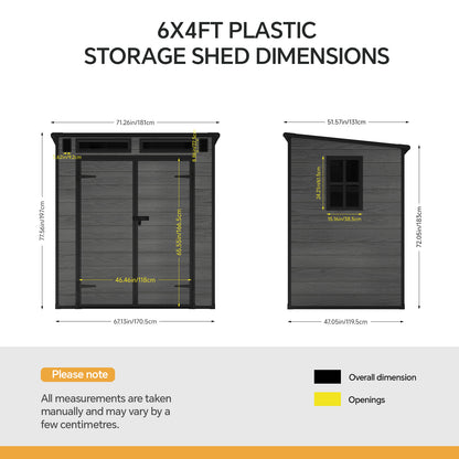 6 x 4 ft Plastic Garden Storage Shed with Pent Roof & Lockable Double Doors