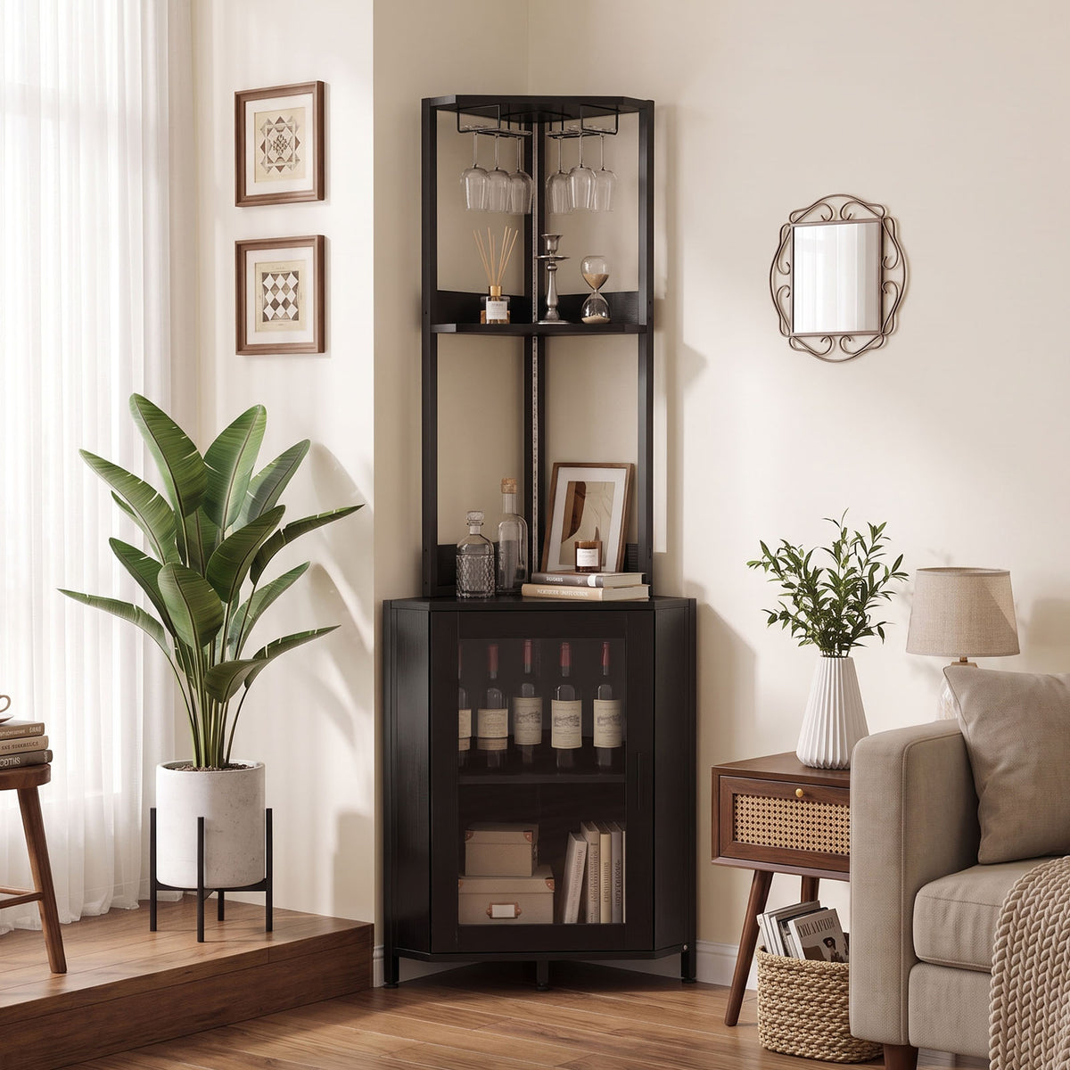 Industrial Tall Corner Bar Cabinet with Power Socket & LED Lighting