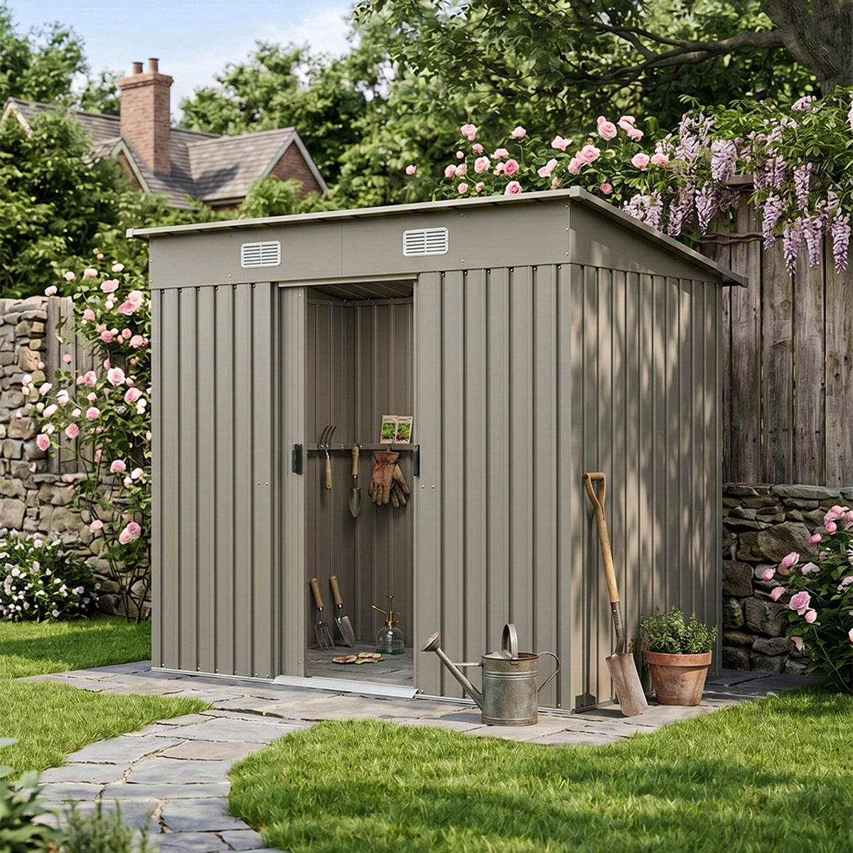 8 x 4 ft Metal Garden Storage Shed with Pent Roof & Lockable Double Doors