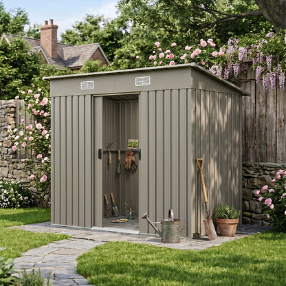 8 x 4 ft Metal Garden Storage Shed with Pent Roof & Lockable Double Doors