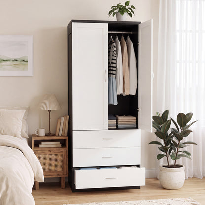 2-Door Wardrobe with 3 Drawers & Hanging Rail