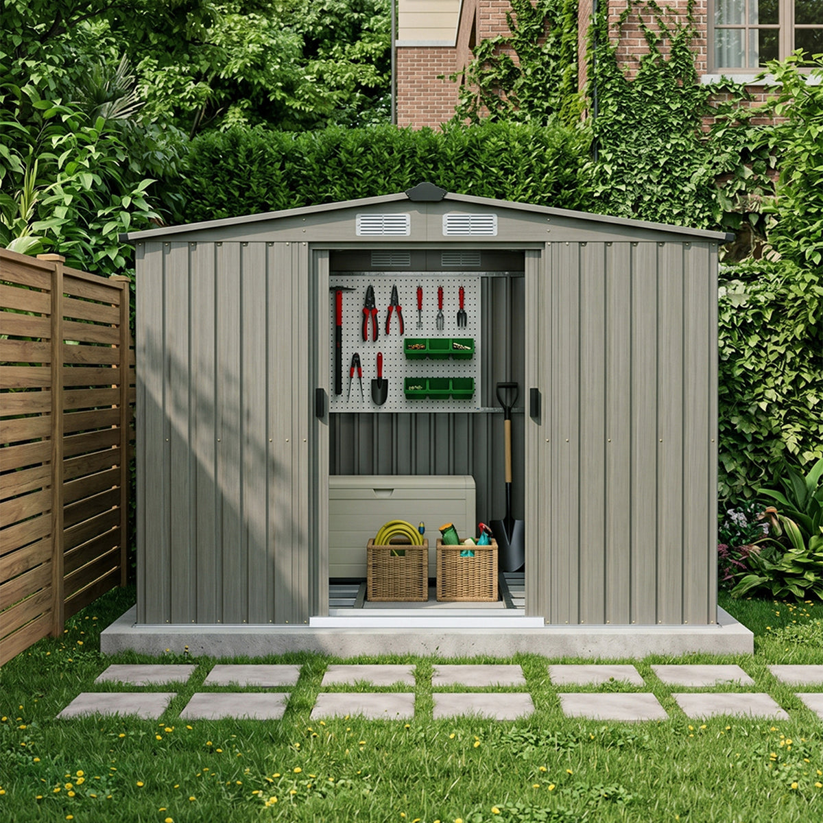 8 x 8 ft Metal Garden Storage Shed with Apex Roof & Sliding Door