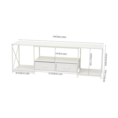160cm White TV Stand with 2 Fabric Drawers & Open Shelves