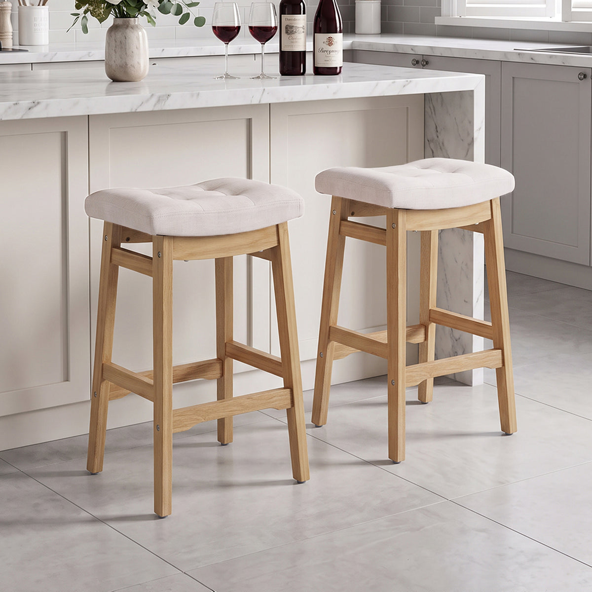 Set of 2 Chenille Upholstered Bar Stools with Wooden Base